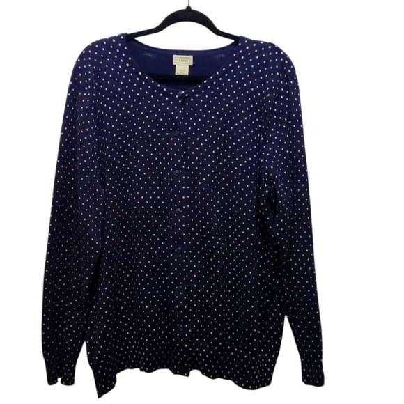 L.L. Bean Plus Size 2X 100% Cotton Navy With Beige Polka Dot Cardigan Button-Up - Picture 1 of 4
